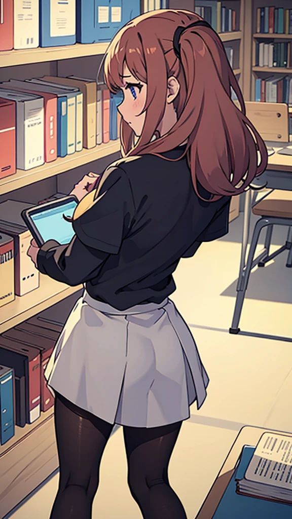 Back view,Pantyhose,high school girl,whole body,library,Twin tails