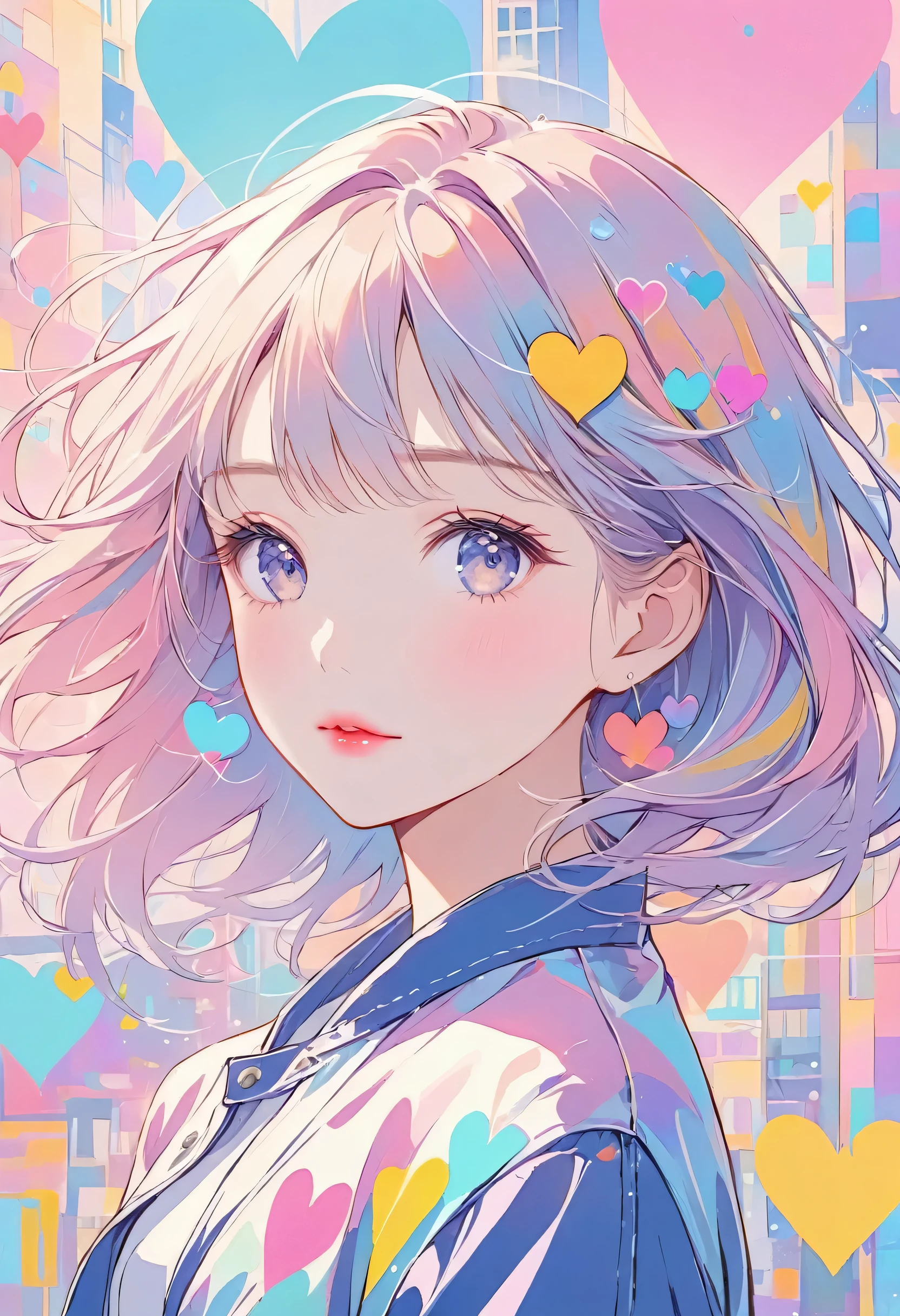 Makoto Shinkai pastel color style, Simple Line Initialism,Abstract art,Urban Background, (((The most beautiful girl of all time))), Sweet face. Lips in love, colorful hearts, stylish design