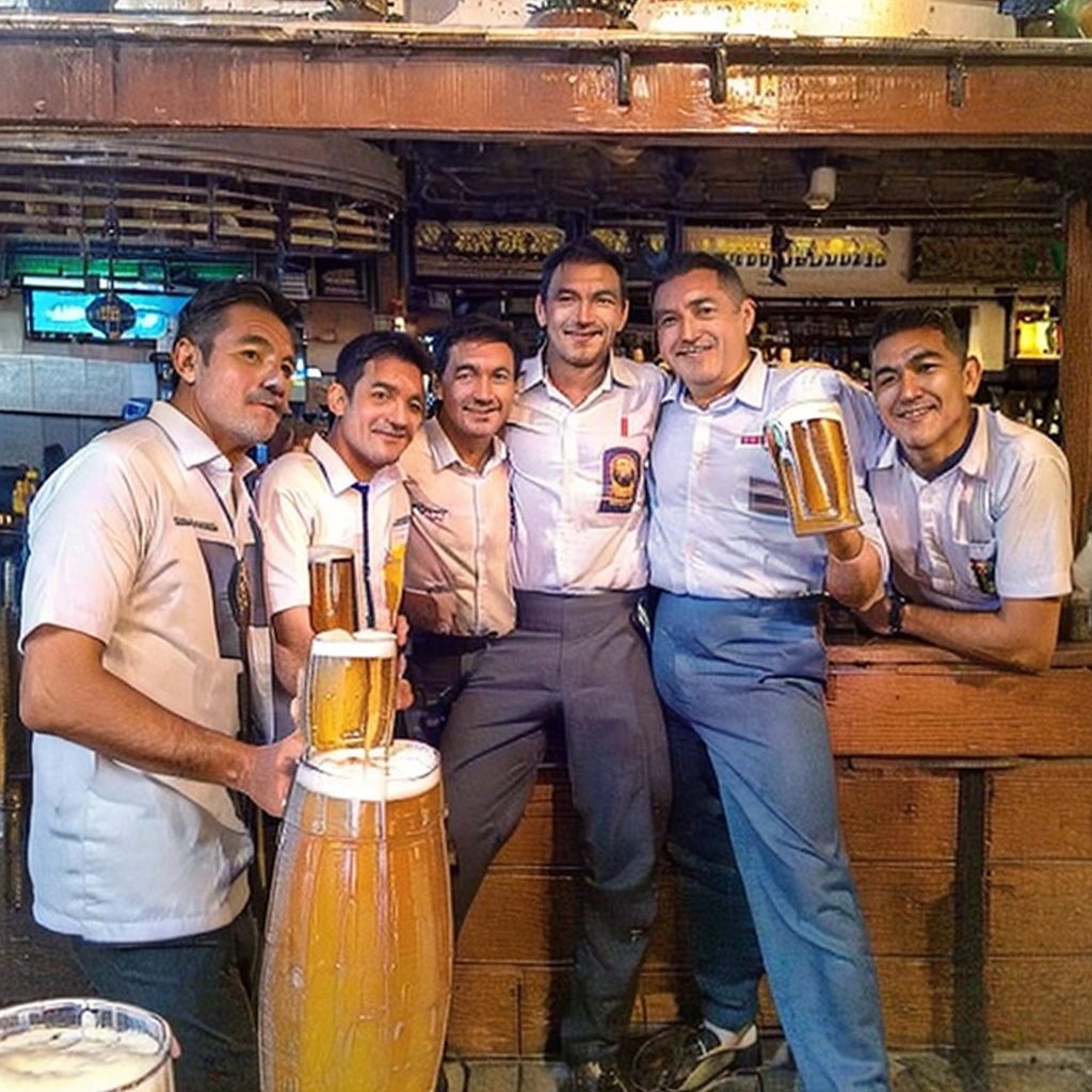 (4 middle-aged men:1.5),(Everybody has a beer jockey:1.5),(At the pub:1.5),(Cheers:1.6)