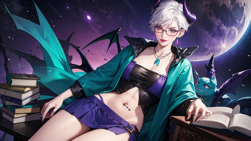 8k, masterpiece, best quality, highly detailed, 1 girl, tiefling, warlock, multicolored hair, very short straight hair green highlight hair on white hair, strippled hair, wearing glasses, round glasses, earrings, red eyeshadow, long eyelashes,navel piercing, blushed cheek, necklace, collarbone, mole, glamorous, purple and teal clothing, villainy, smirk, seductive face, close up view, rings, looking at viewer, demon horns, solo, chinese dress, ballroom, palace, blue pale moon, sitting,