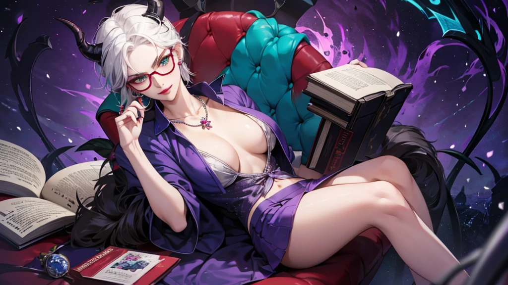 8k, masterpiece, best quality, highly detailed, 1 girl, tiefling, warlock, multicolored hair, very short straight hair green highlight hair on white hair, strippled hair, wearing glasses, round glasses, earrings, navel piercing, miniskirt, red eyeshadow, long eyelashes, blushed cheek, red lips, necklace, rings, collarbone, mole, glamorous, teal clothing, purple clothes, smirk, close up view, rings, looking at viewer, demon horns, solo, nightmarish landscape, blue pale moon, sitting, cosmic horror, decaying, holding books