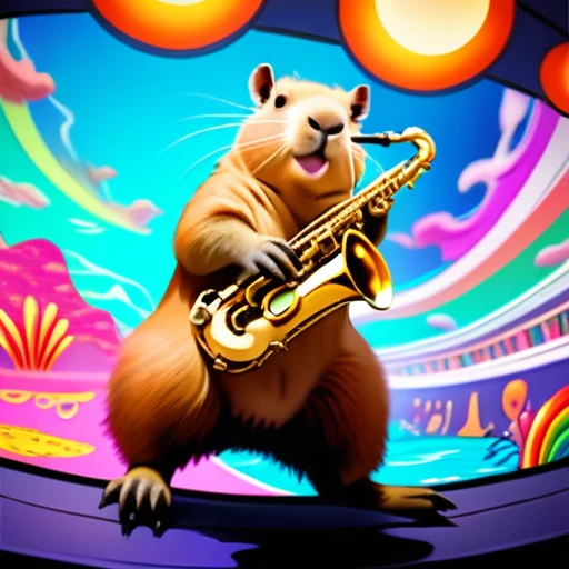 low angle, The photo shows a cute capybara wearing black sunglasses and playing the saxophone on a stage. psychedelic ocean background, the head is raised. The overall impression is humorous and adventurous. The intricate details of the mouse's fur, whiskers and claws are meticulously reproduced and make it appear lifelike.