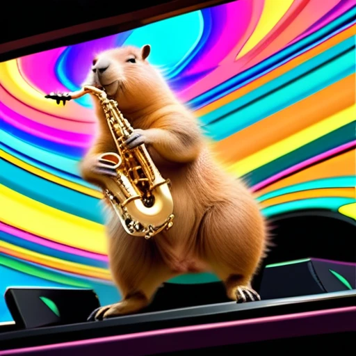 low angle, The photo shows a cute capybara wearing black sunglasses and playing the saxophone on a stage. psychedelic ocean background, the head is raised. The overall impression is humorous and adventurous. The intricate details of the mouse's fur, whiskers and claws are meticulously reproduced and make it appear lifelike.