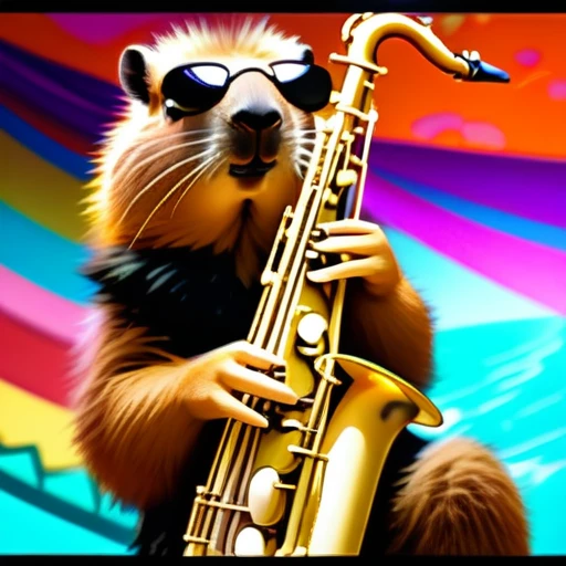 low angle, The photo shows a cute capybara wearing black sunglasses and playing the saxophone on a stage. psychedelic ocean background, the head is raised. The overall impression is humorous and adventurous. The intricate details of the mouse's fur, whiskers and claws are meticulously reproduced and make it appear lifelike.
