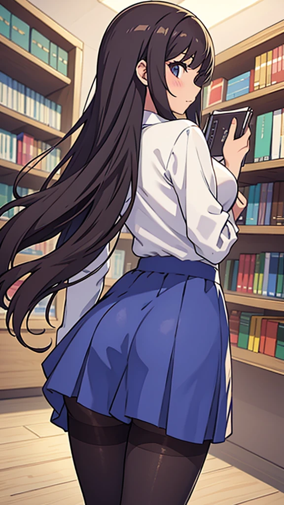 From the back,Pantyhose,shirt,high school girl,whole body,library,