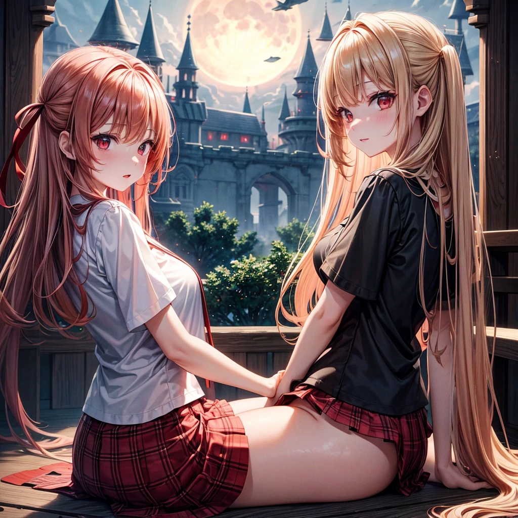 Red-blonde、Red eyes、One cute girl、solo、And soul、Light clothing、Checked mini skirt、petal、Wet hair、Sit on、black t-shirts、large tree、cloud、full moon、monster castle、lanthanum、Hell's Gate、Craft Gatekeeper