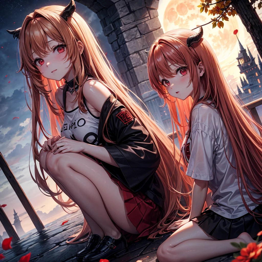 Red-blonde、Red eyes、One cute girl、solo、And soul、Light clothing、Checked mini skirt、petal、Wet hair、Sit on、black t-shirts、large tree、cloud、full moon、monster castle、lanthanum、Hell's Gate、Craft Gatekeeper