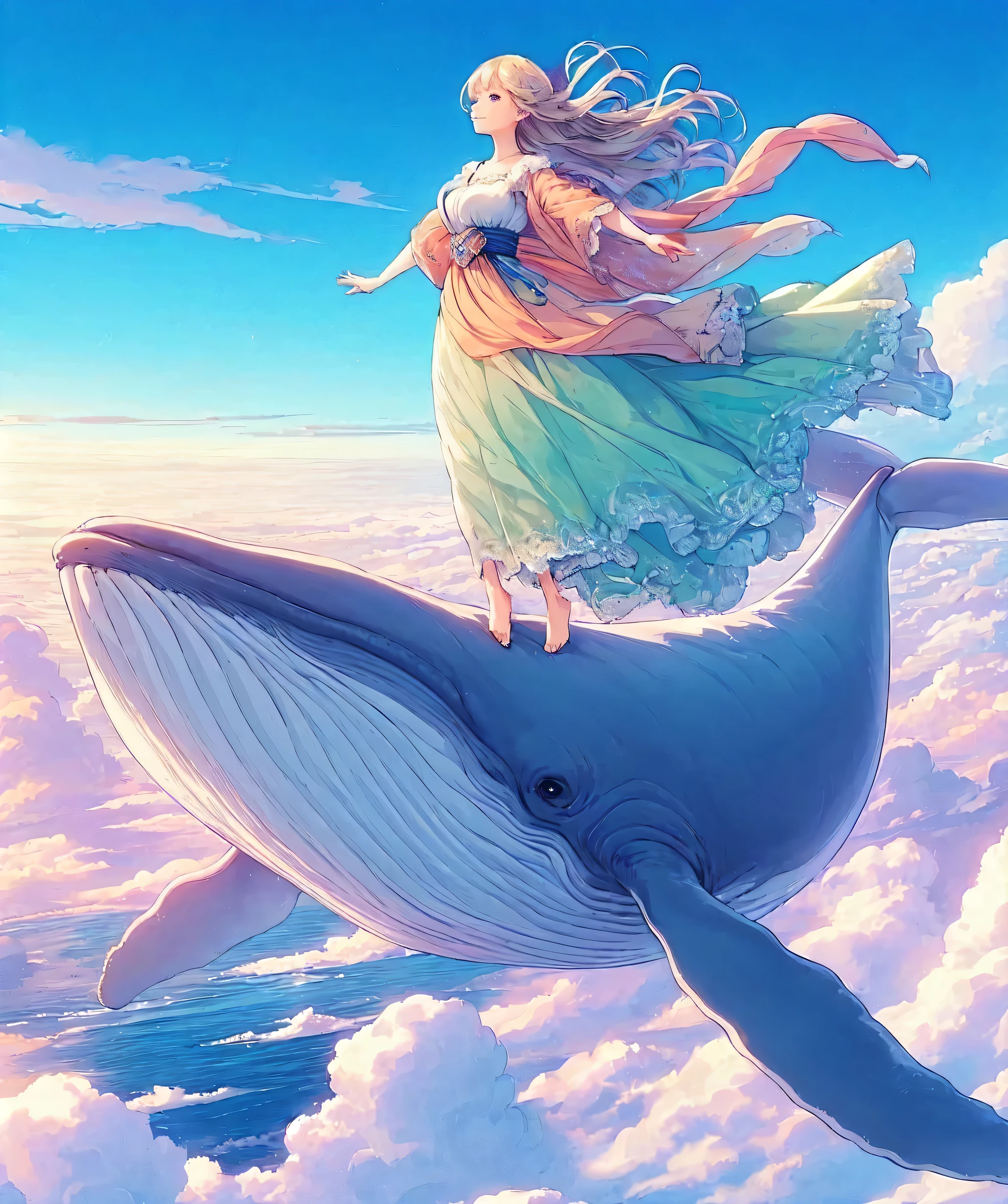1lady solo, from side, (standing on whale's back), (arms spread wide), (elegant dress) (refreshing attire), (mature female:0.8), /(silver gray hair/) bangs, wind, light smile, (gazing into distance), (masterpiece best quality:1.2) delicate illustration ultra-detailed BREAK ((huge whale flying in the sky), (realistic whale) BREAK (vibrant sky) outdoors, (sea of clouds), at dusk, detailed background