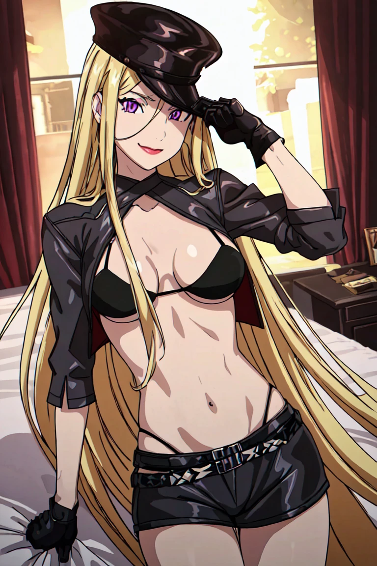 peaked cap, black bra , very long hair , cowboy shot , lips , purple eyes , black gloves, (8k, RAW photo, best quality, masterpiece:1.2), (intricate details), perfect eyes, perfect face, perfect lighting, beautiful, (masterpiece:1.2), (best quality:1.2), 1girl,  bikini , bedroom ,smile