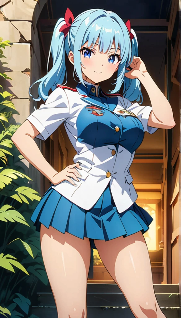(anime artwork, anime style, studio anime, very detailed, up to date, vibrant, Anime Coloring, high contrast, masterpiece:1.2, best quality, best aesthetics),military girl,military helmet, pleated skirt, Medium chest, A glimpse of thighs, blue twintail hair, One eye is hidden by the bangs, perfect proportions, high detail skin, Cute, detailed faces, random sexy pose,forest, precise fingers,panty shot
