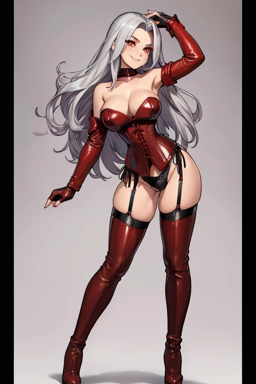 female, silver long hair, red eyes, (((1girl))), (((red corset))), (black fingerless opera gloves), (black stockings), (red heels), (black lace panties), cute and sexy, full body, large breasts, large butt, long legs, smiling