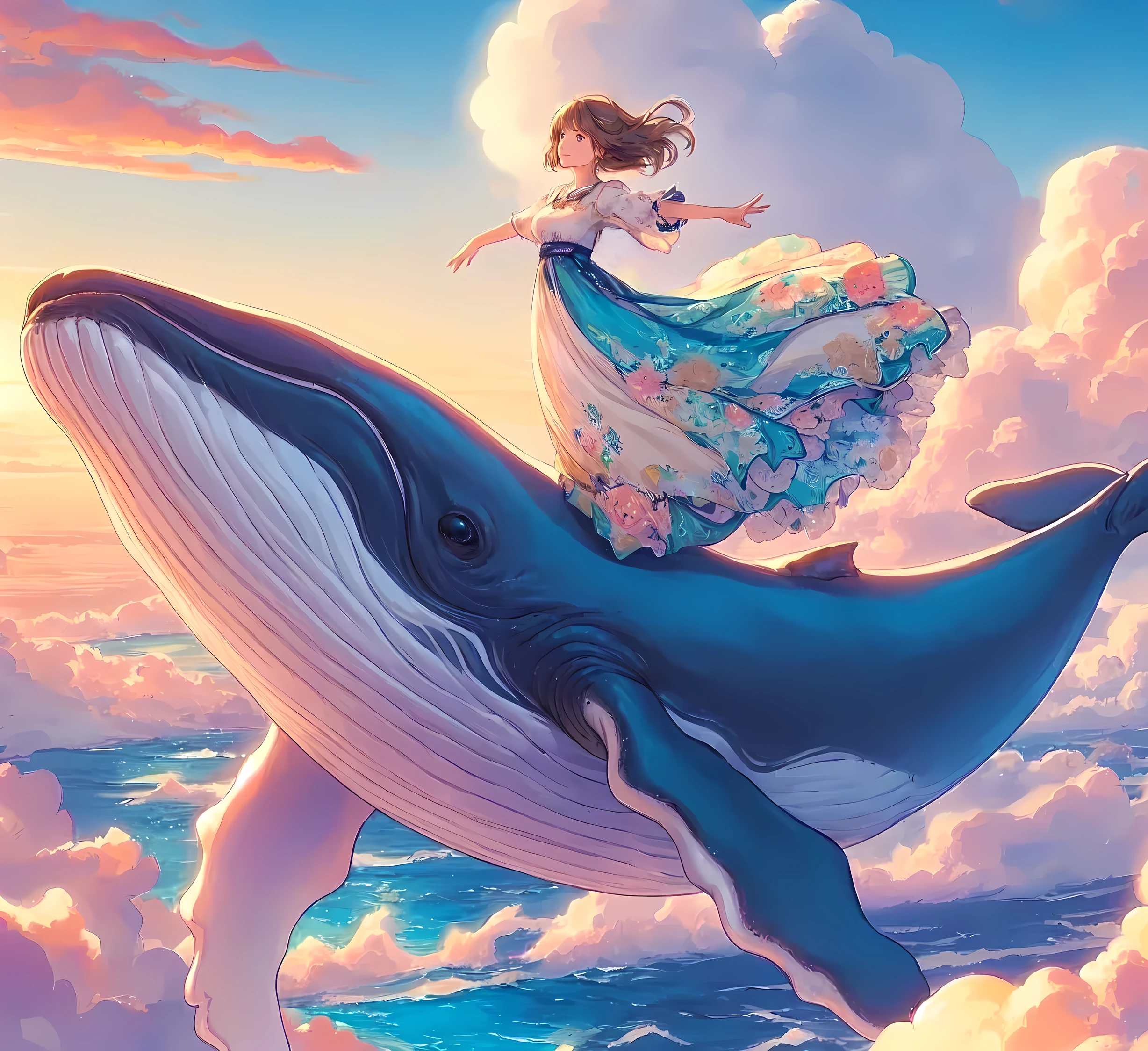 1lady solo, from side, (standing on whale's back), (arms spread wide), (elegant dress) (refreshing attire), (mature female:0.8), /(silver gray hair/) bangs, wind, light smile, (gazing into distance), (masterpiece best quality:1.2) delicate illustration ultra-detailed BREAK ((huge whale flying in the sky), (realistic whale) BREAK (vibrant sky) outdoors, (sea of clouds), at dusk, detailed background