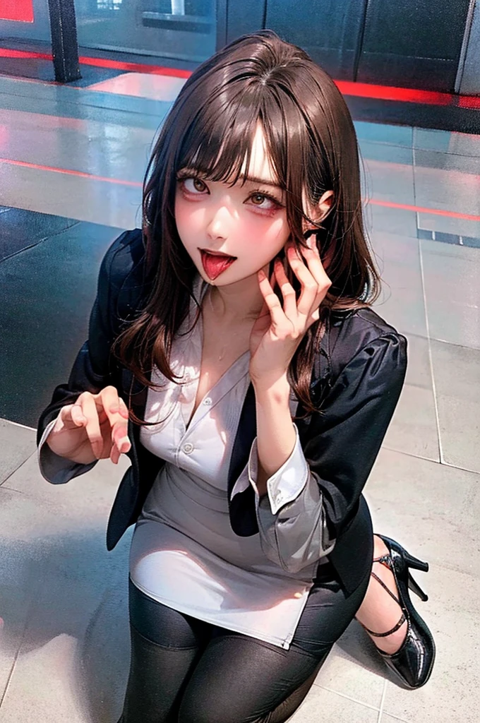 allfours:1.5,masterpiece,quality,High resolution,高quality,Realistic,Brown Hair,blunt bangs,business suit,Pencil Skirt,Black jacket,White collared shirt,whole body,Ahegao,Drooling:2.0,Sweat:2.0,High heels,Male hand,Blue remote controller