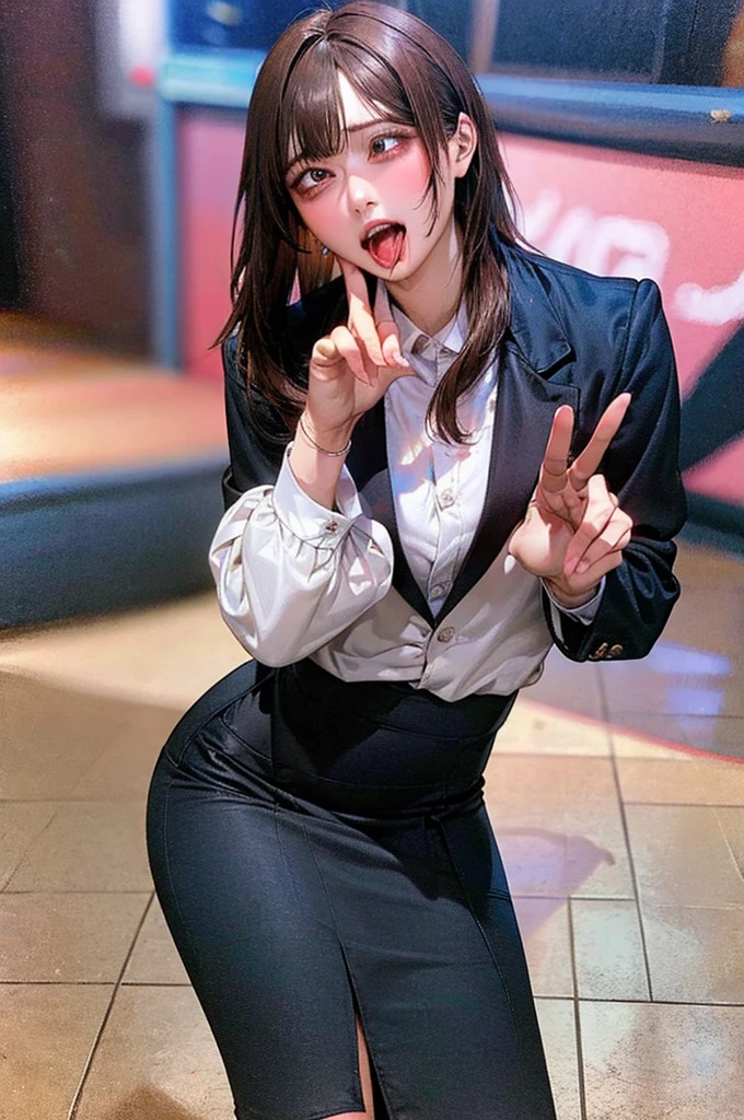 allfours:1.5,masterpiece,quality,High resolution,高quality,Realistic,Brown Hair,blunt bangs,business suit,Pencil Skirt,Black jacket,White collared shirt,whole body,Ahegao,Drooling:2.0,Sweat:2.0,High heels,Male hand,Blue remote controller