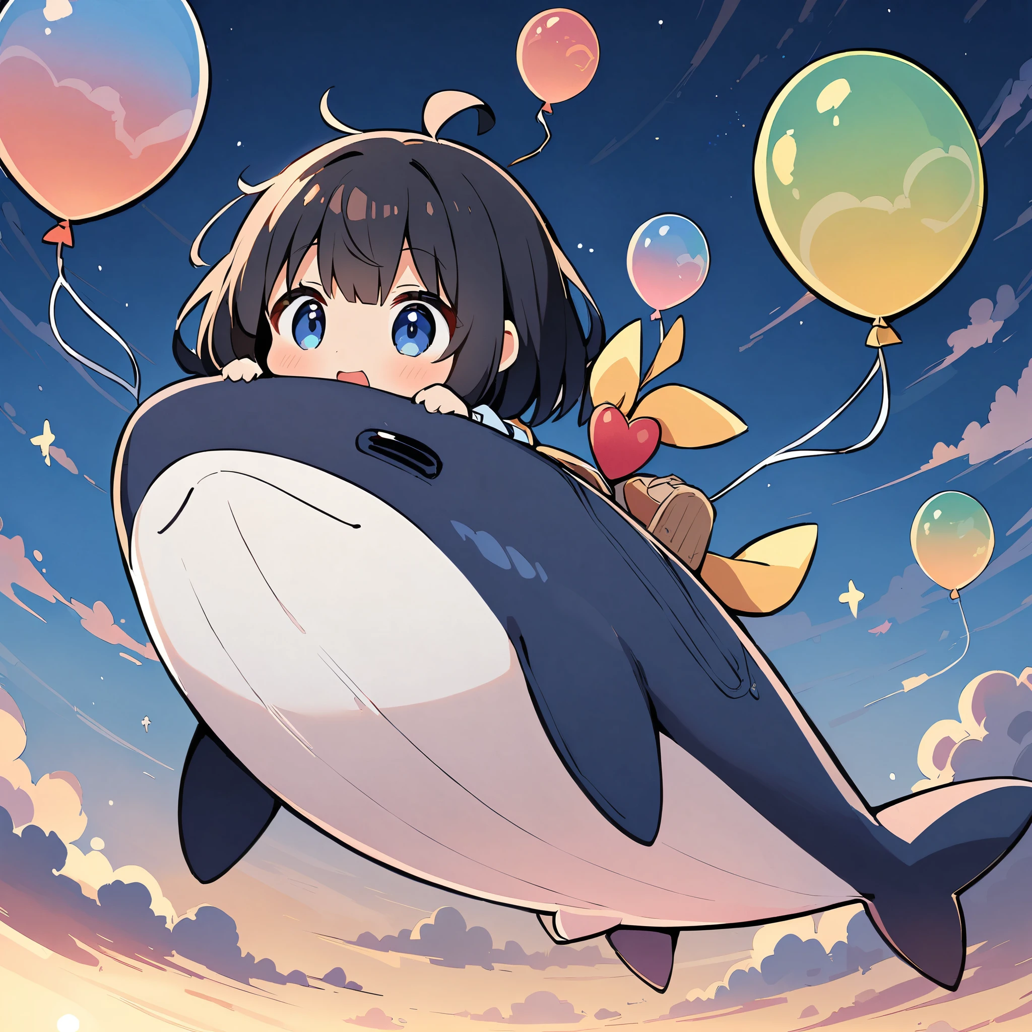 Whale Balloonに乗る女の子, pretty girl, Deformation, Flying in a whale balloon, Whale Balloon, Black Hair Girl, 空を飛ぶWhale Balloon, Clouds and sky background, 