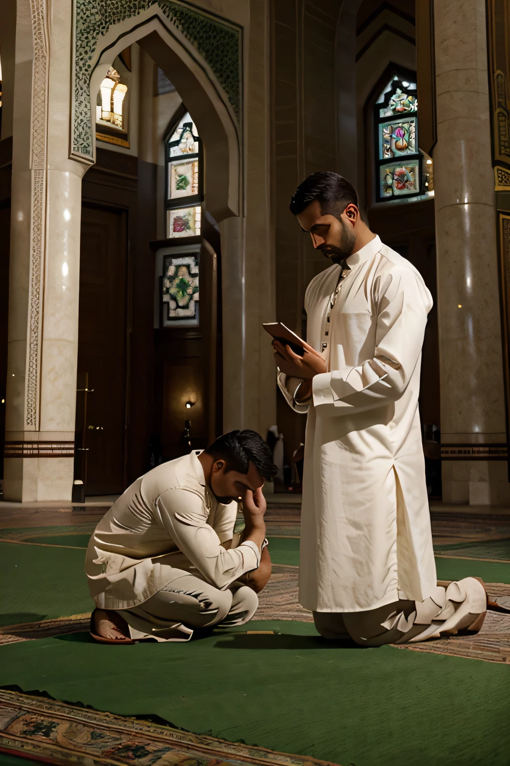 a beautiful muslim brown man praying inside masjid haram