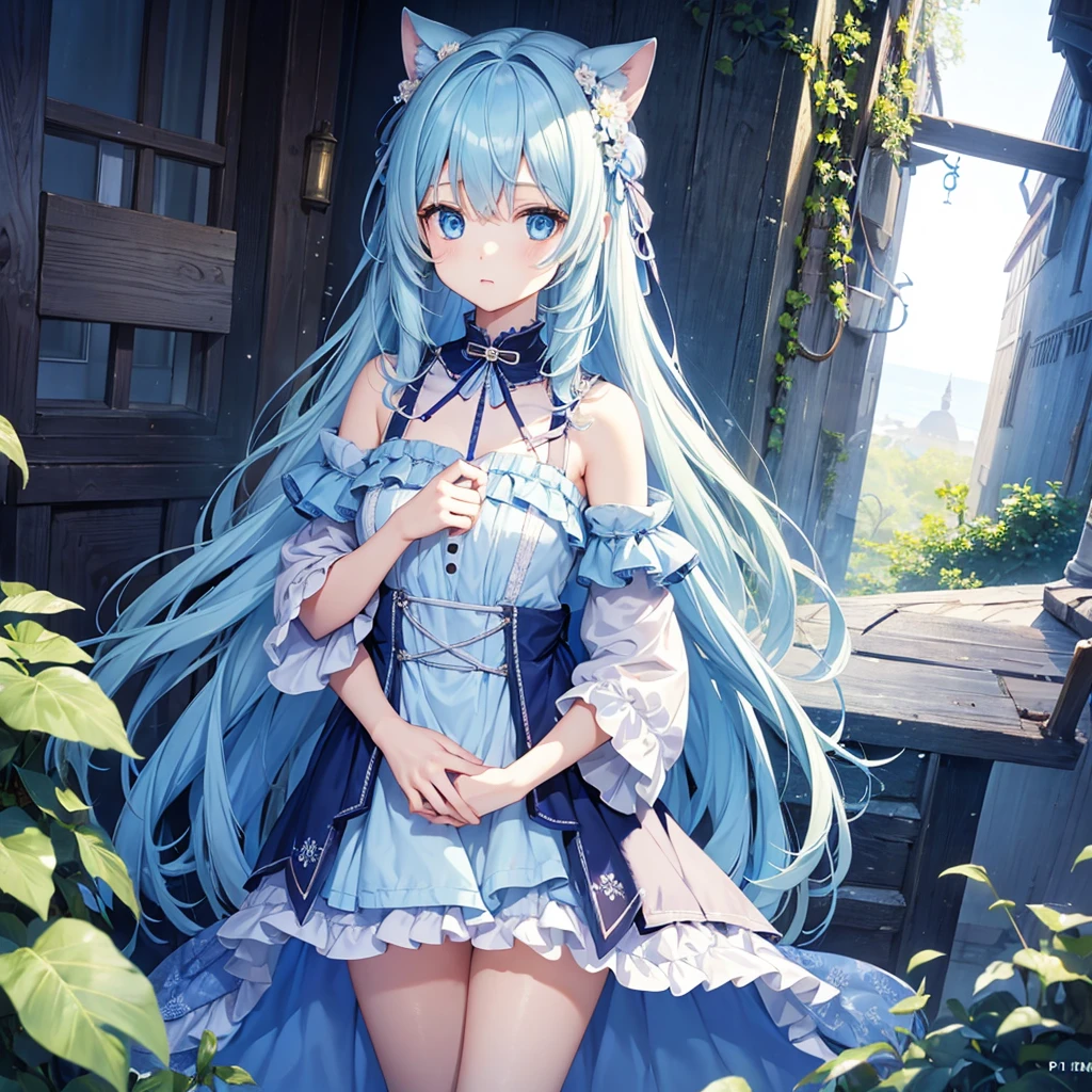 Girl with long light blue hair、Patchwork dress、Small and cute girl、large trunk、Deep blue eyes、Full-body portrait