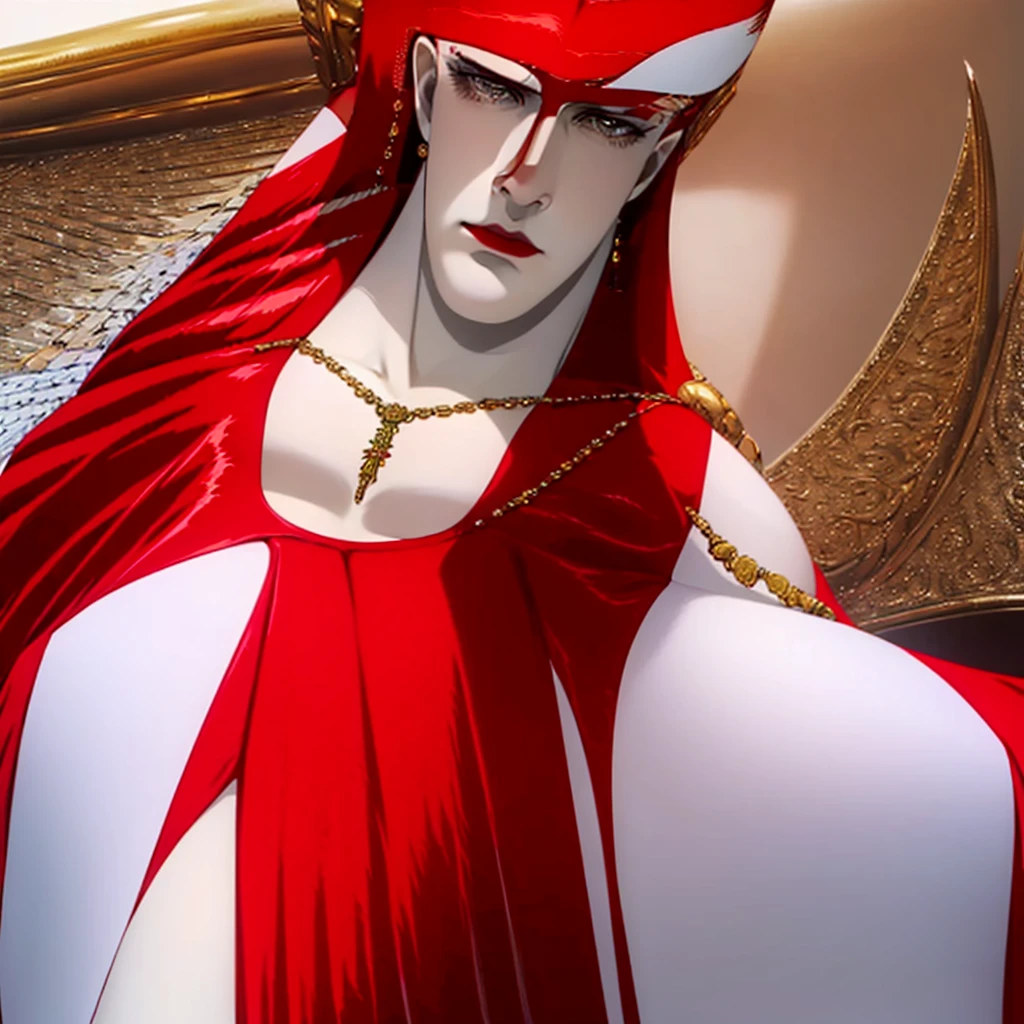 red dress, stomach and navel,long red hair,circlet,necklace,beautiful face, large breasts