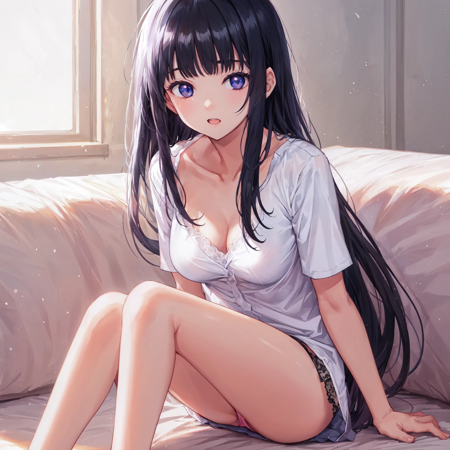 night,Getting changed on the sofa,White shirt,Sit with your knees up,Photoreal 1;4,Straight bangs,voluminous hair light black hair,{high quality pink bra}},from side1;4, {{beautiful medium size breasts 1:4}}, torn shirt, high quality panties,{{schoolgirl}},top quality,cute girl,high quality background, slanted eyes, detailed shirt chest wrinkles,BREAK, {{beautiful blue eye1:4}}, BREAK, five fingers