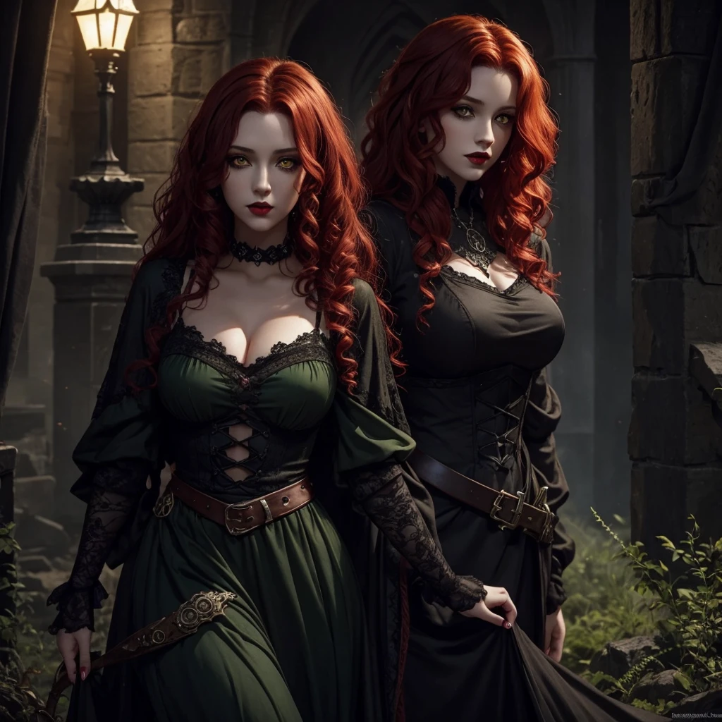Red curly hair, dark green dress, yellow eyes, dark, gothic, night, dark lipstick , beautiful, female, DND, medieval, fantasy