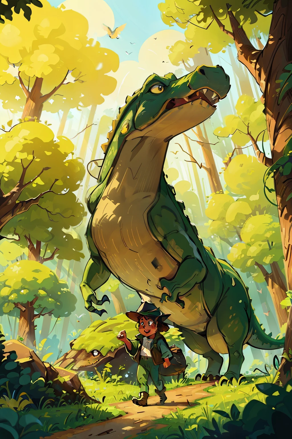 In a whimsical setting, I, a curious adventurer, stride alongside a colossal dinosaur, its silhouette resembling that of a T-Rex. The dinosaur's eyes sparkle with intelligence, its scales shimmering under the soft glow of dappled sunlight filtering through the towering trees. I am dressed in a vintage explorer hat and a pair of jodhpurs, my boots kicking up dust as I walk. My laughter echoes through the ancient forest, as the T-Rex, with its massive tail swishing behind, takes slow, lumbering steps beside me. The background is a lush, green landscape filled with ferns and