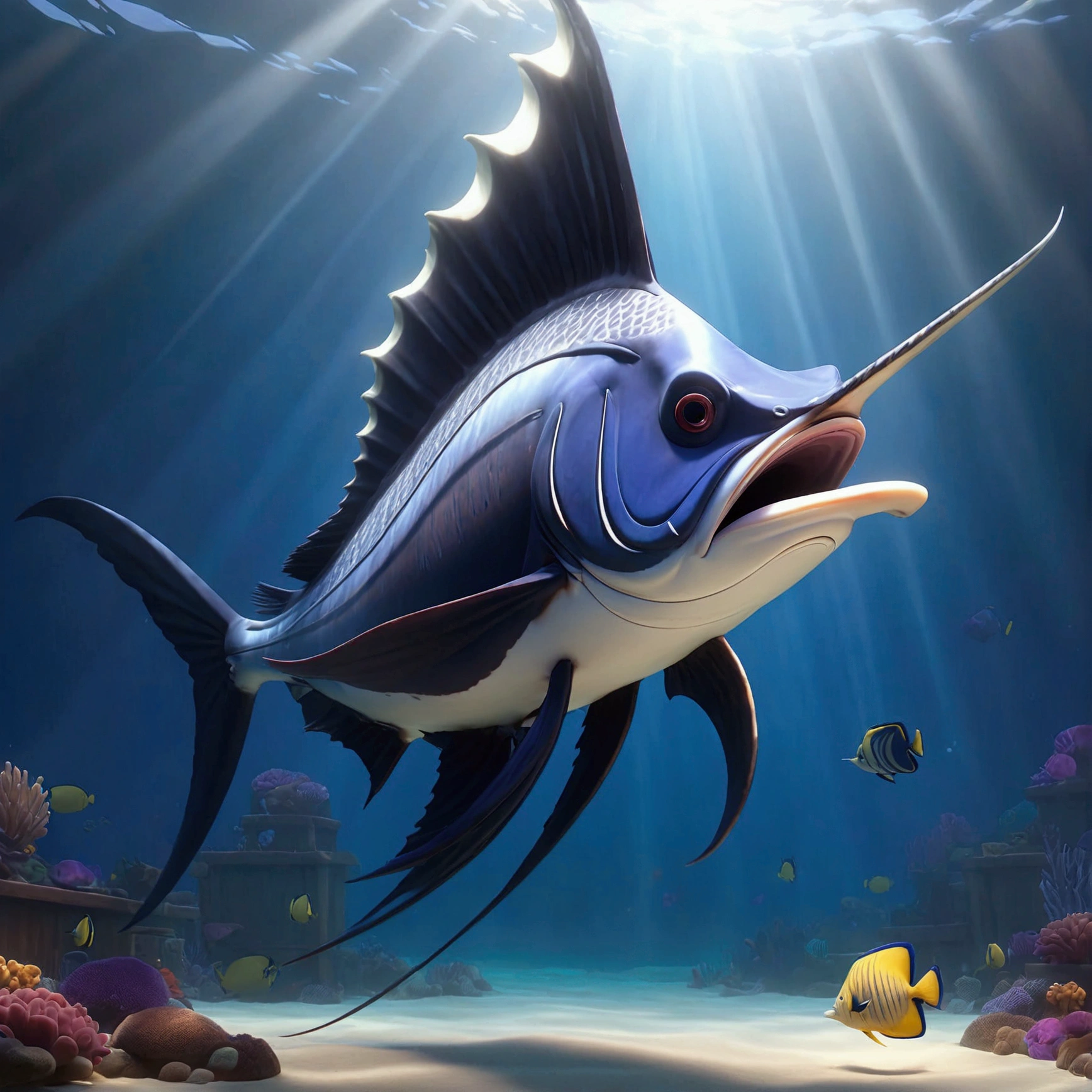 Giant sailfish, pixar cartoon style,masterpiece, best quality