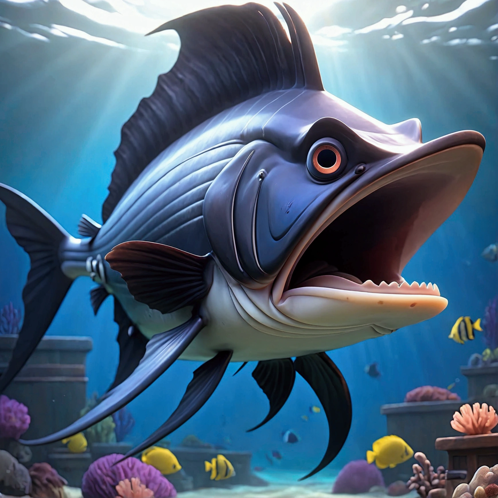 Giant sailfish, pixar cartoon style,masterpiece, best quality