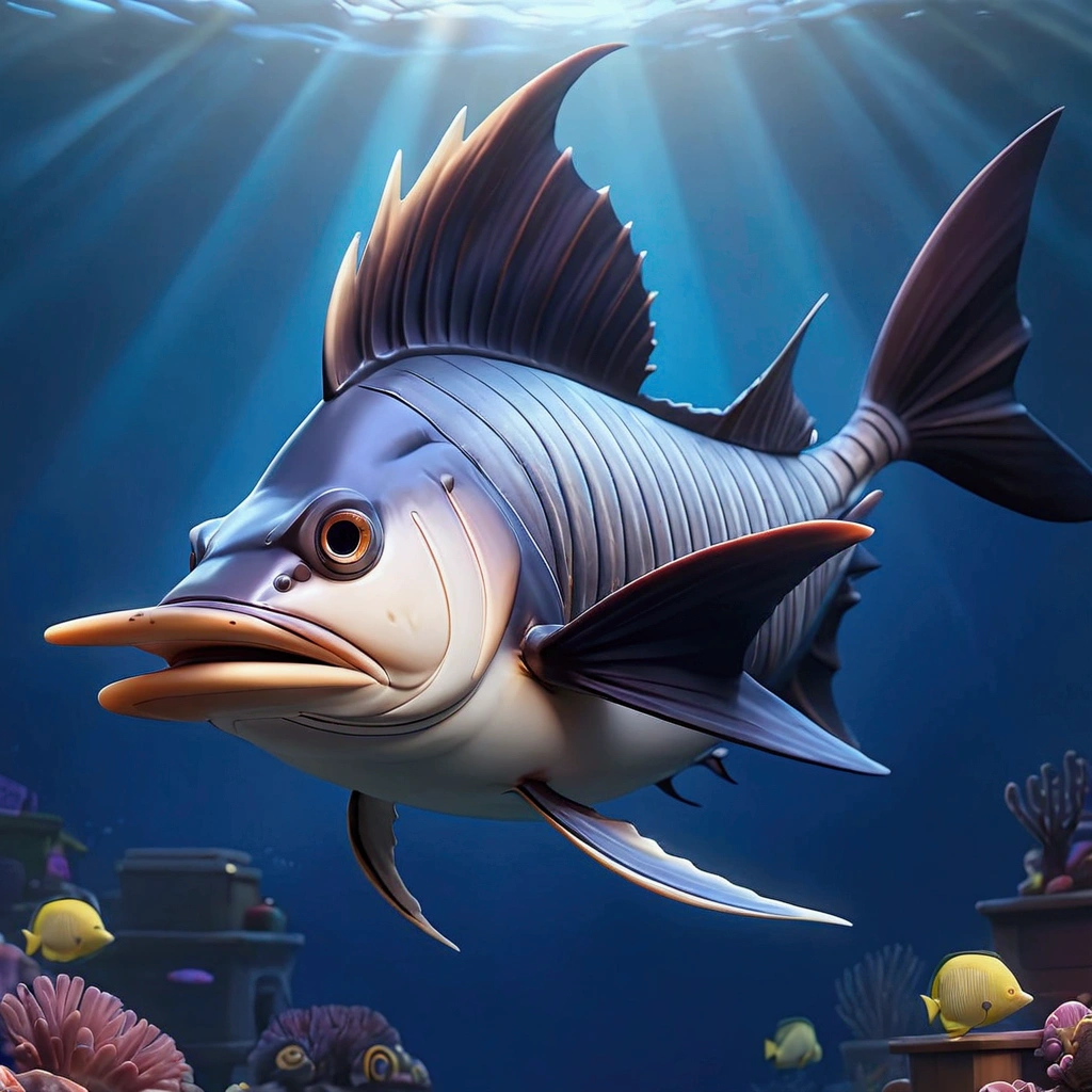 Giant sailfish, pixar cartoon style,masterpiece, best quality