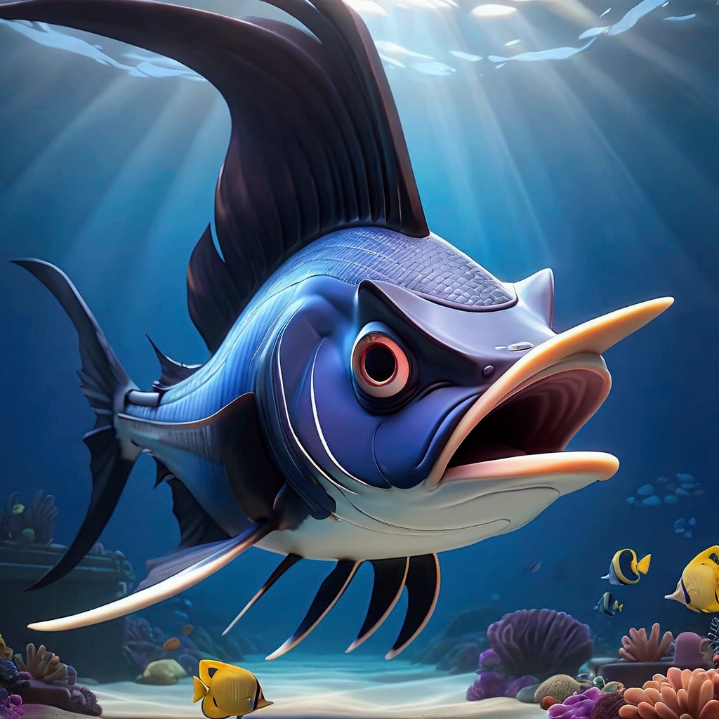 Giant sailfish, pixar cartoon style，masterpiece, best quality