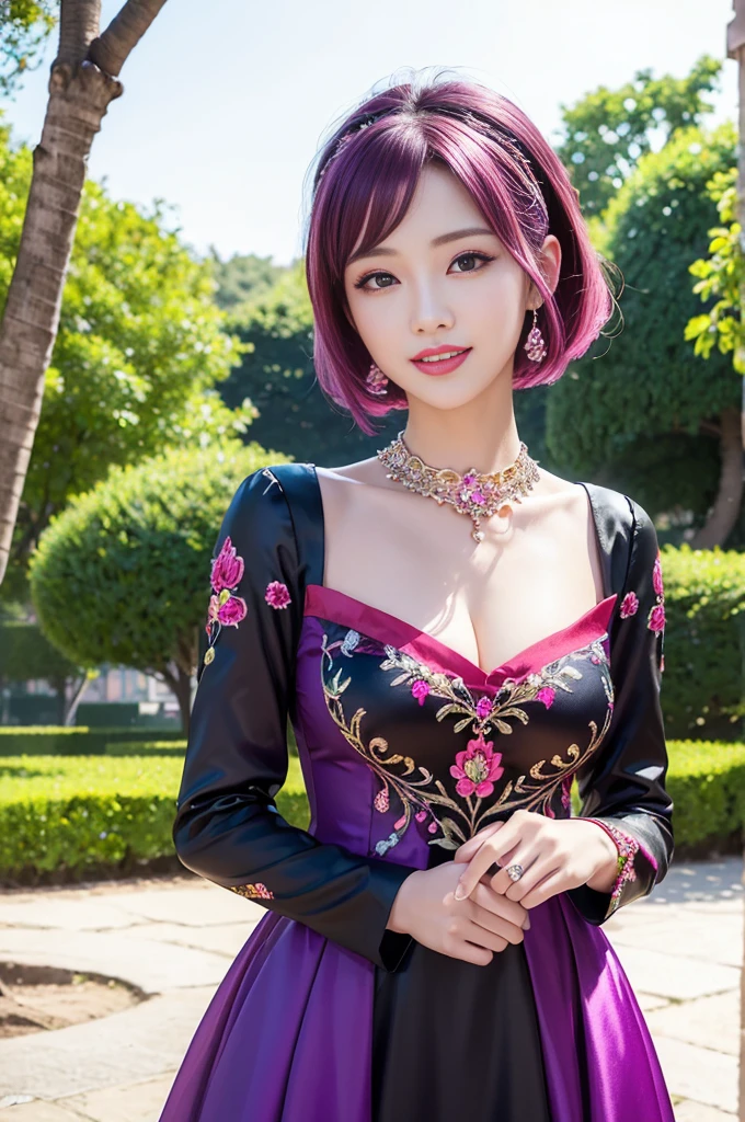 (masterpiece:1.4), (best quality:1.4), ultra high res, ultra high resolution, ((detailed facial features)), HDR, (realistic, photorealistic, photo-realistic:1.37), full body Esbian, sexy Vietnamese model, (-anime), vivid colors, ((vivid colors multicolor (pink, fuchsia, purple) very short hair)), (happy smile), lip-gloss, long lashes, defined eyebrows, wearing large sparkling colorful jewelery, wearing a red silk Paradise Kiss cosplay dress with black floral embroidery, ((vivid colors outfit)), vivid colors, look at the camera, cinematic light, large park background with trees, sweet and sexy pose