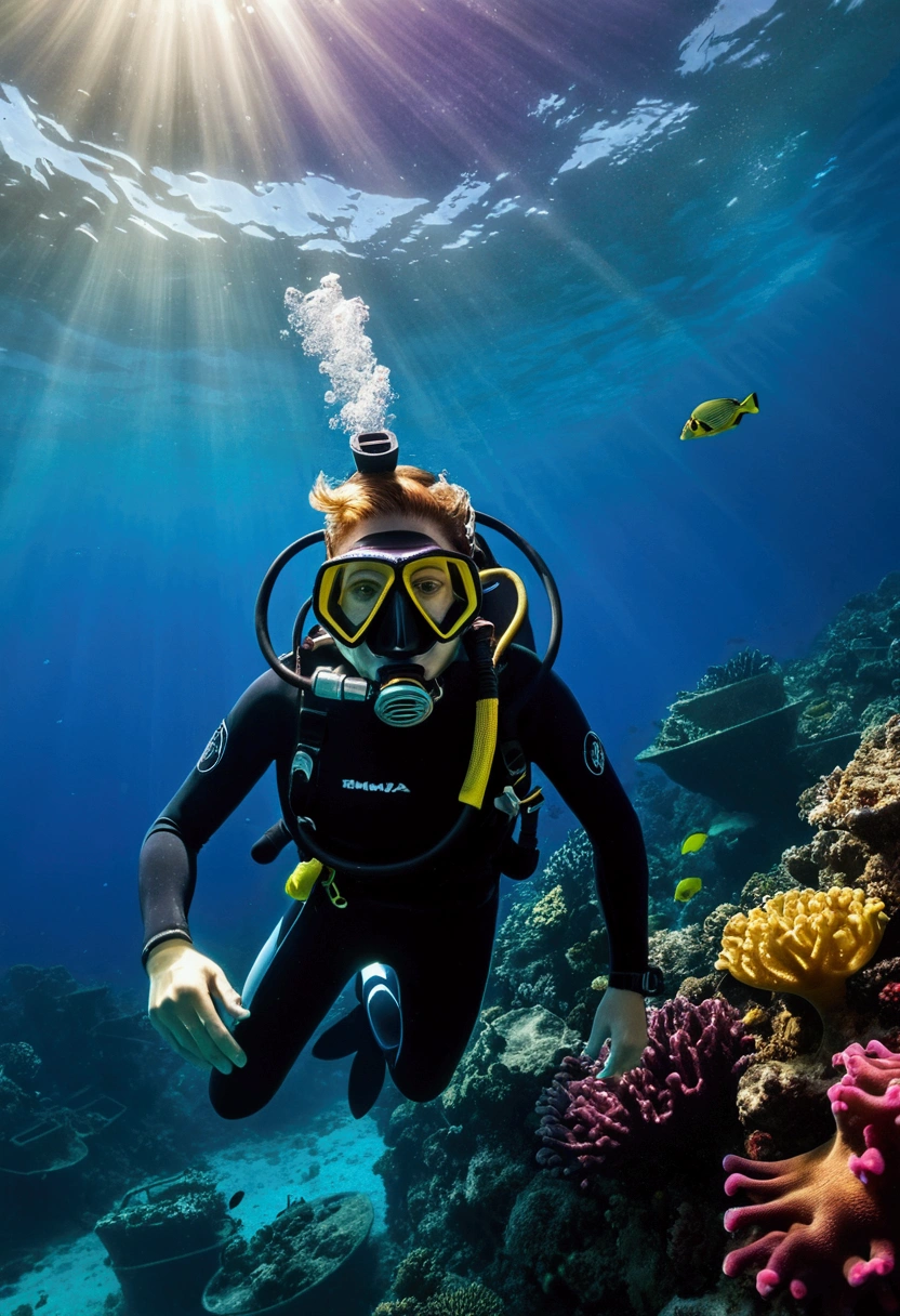 (High resolution:1.2,超High resolution,In the water),Amy Rose,scuba diving,shipwrecks,Shimizu,Coral Reef,Fish swimming,Light of the sun,Deep Sea Exploration,adventure,Explore the unknown,Diving equipment,Diving Mask,Flippers,Wetsuits,In the water world,Life at sea,Diver,depth,In the water photography,colorful,Remote location,adventure sport,shipwrecks exploration,rich bioDiversity,Vibrant colors,Detailed Texture,Water surface reflection,Sunlight passing through water,Exploration,depth perception,A thrilling experience