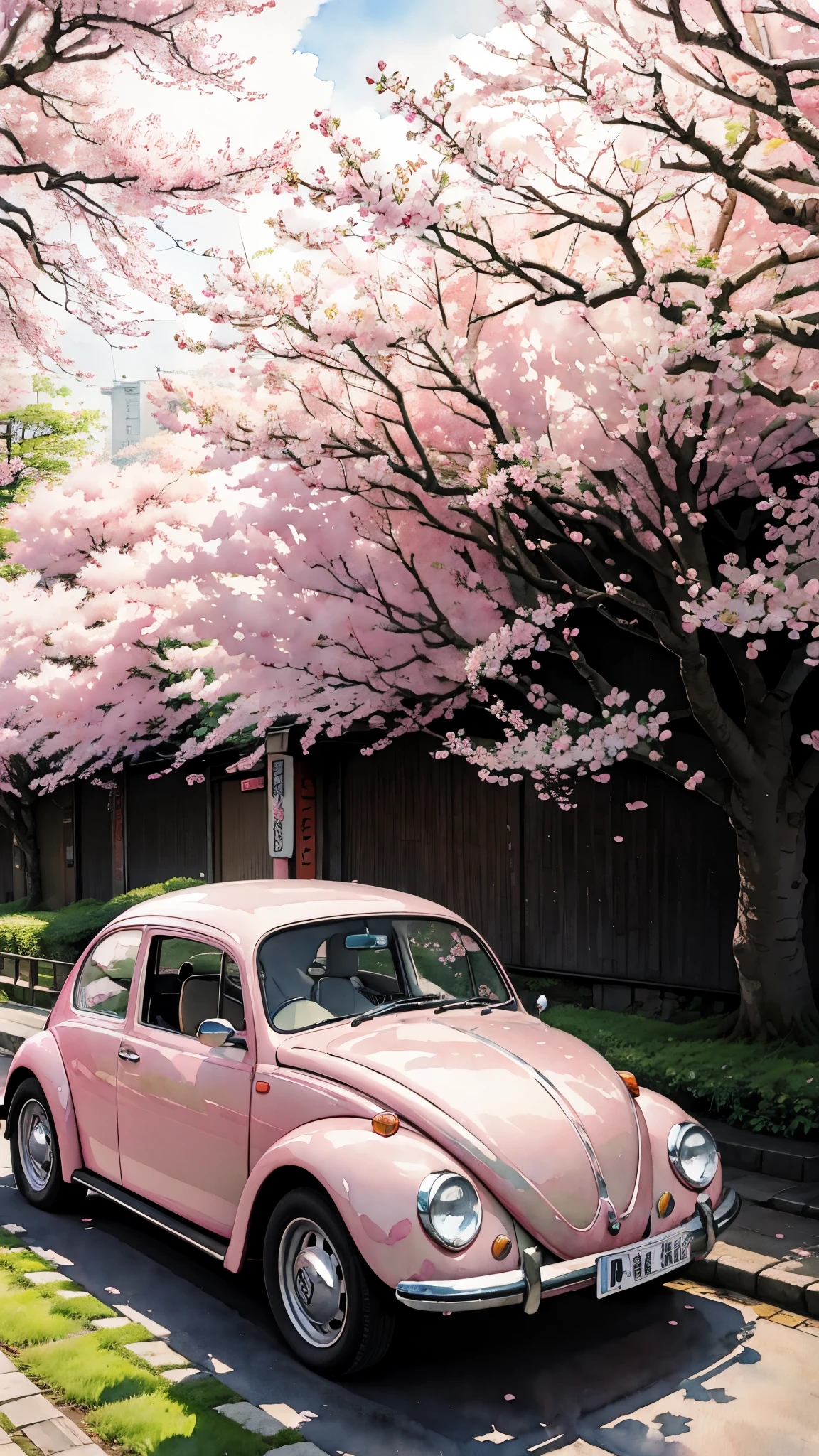 (masterpiece:1.2, Highest quality),(Very detailed),(watercolor),8k,wallpaper,Pink Volkswagen Beetle,Japan,Cherry blossom trees,Tokyo,Meguro River,(((Ghibli style)))