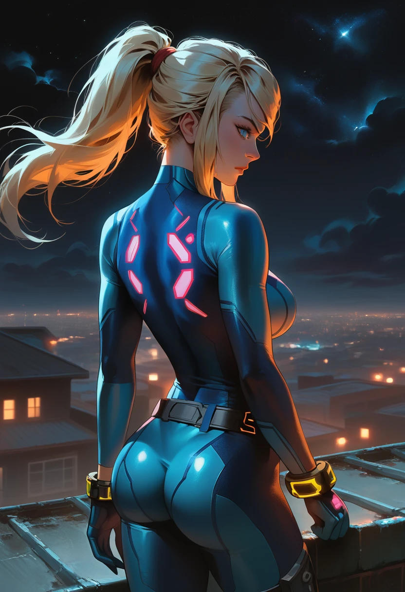 ((masterpiece)), sharp focus, samus aran, blondie hair, ponytail, large ass, large breasts, blue eyes, detailing eyes, perfect face, perfect anatomy, beautiful eyes, grau bodysuit, standing on the roof, roof, at night, night, bracelet on her left hand, athletic body, belt, hip belt, back view