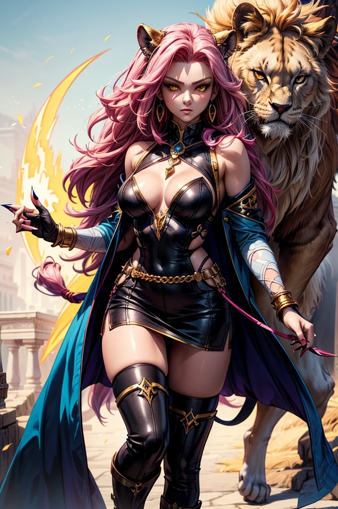 There is lost coliseum there in battle stance stand female lioness , she have ebony colour skin beautiful yellow eyes dark gold eyeshadows make up, ring style earrings, her hair is purple with pink highlights . she dressed in white neather topic with golden parts on countures also short and white leather straps on her legs instead of boots, her hands have hude ruby claws on her fingers, (ultra high quality fantasy art, dark fantasy style, masterpiece, ultra high quality character design, 8k quality anime art, realistic anime art, top quality wallpaper illustration, detailed ultra high quality accurate face, high quality design and accurate physic)