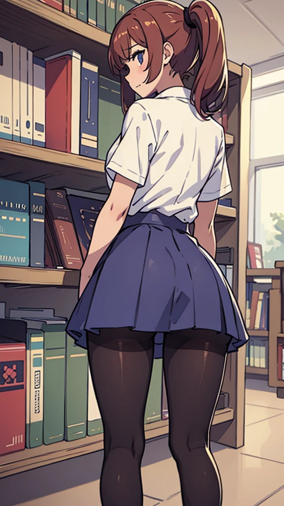 Back view,Pantyhose,high school girl,Angle from directly below,library,Zoom on the butt