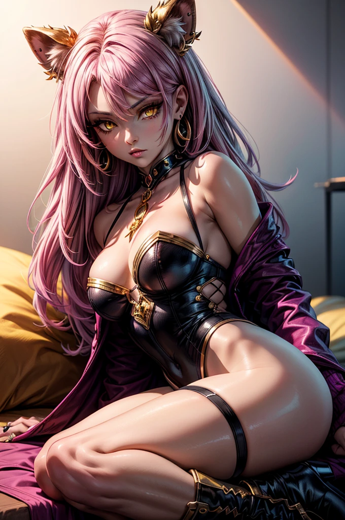 There is lost coliseum there in battle stance stand female lioness , she have ebony colour skin beautiful yellow eyes dark gold eyeshadows make up, ring style earrings, her hair is purple with pink highlights . she dressed in white neather topic with golden parts on countures also short and white leather straps on her legs instead of boots, her hands have hude ruby claws on her fingers, (ultra high quality fantasy art, dark fantasy style, masterpiece, ultra high quality character design, 8k quality anime art, realistic anime art, top quality wallpaper illustration, detailed ultra high quality accurate face, high quality design and accurate physic)