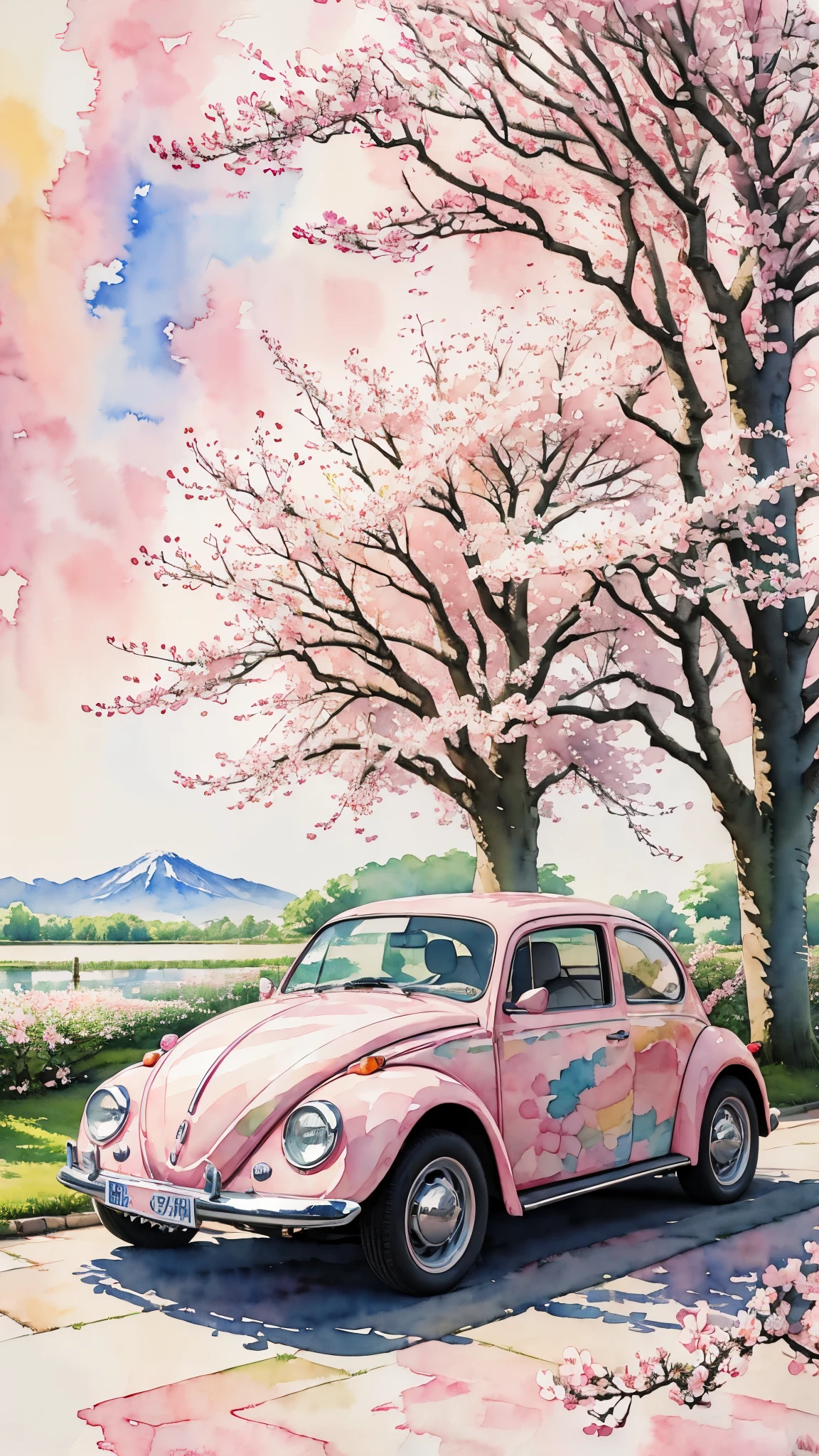 (masterpiece:1.2, Highest quality),(Very detailed),((watercolor)),8k,wallpaper,Pink Volkswagen Beetle,Japan,Cherry blossom trees,(((Ghibli style)))