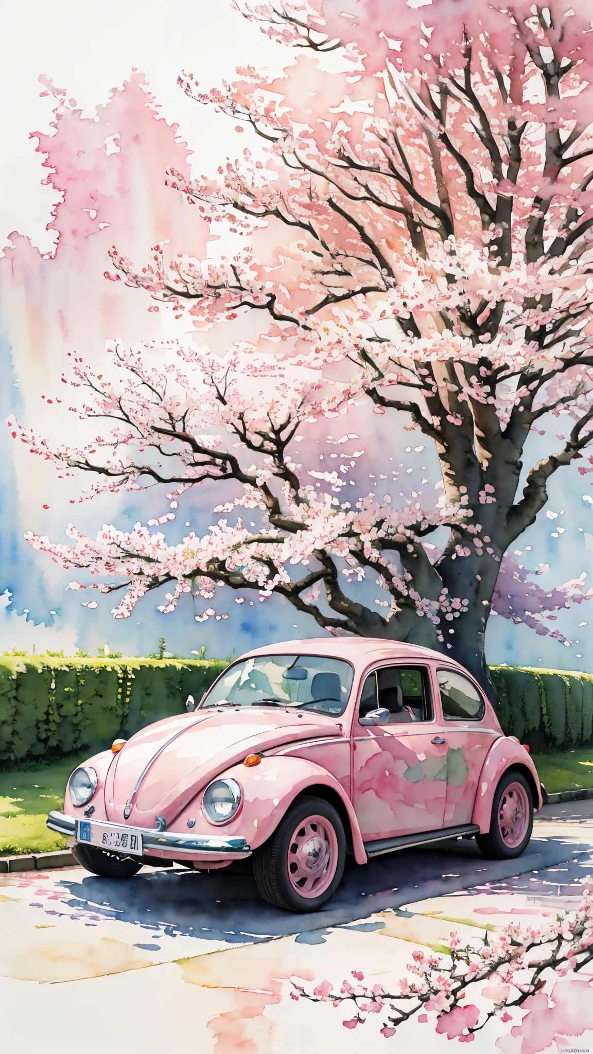 (masterpiece:1.2, Highest quality),(Very detailed),((watercolor)),8k,wallpaper,Pink Volkswagen Beetle,Japan,Cherry blossom trees,(((Ghibli style)))