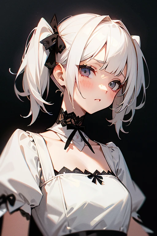 Short white hair, blush, White Dress、Punk Fashion、Headbang 2.、Twin tails、sharp、Black lace、(elegant).(the face remains the same).
