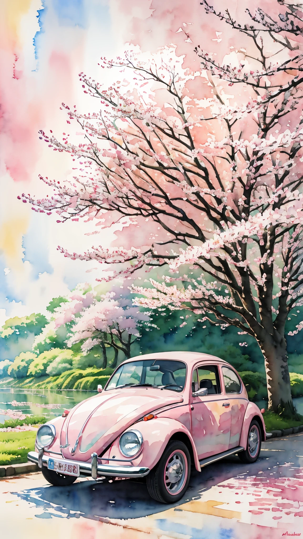 (masterpiece:1.2, Highest quality),(Very detailed),((watercolor)),8k,wallpaper,Pink Volkswagen Beetle,Japan,Cherry blossom trees,(((Ghibli style)))