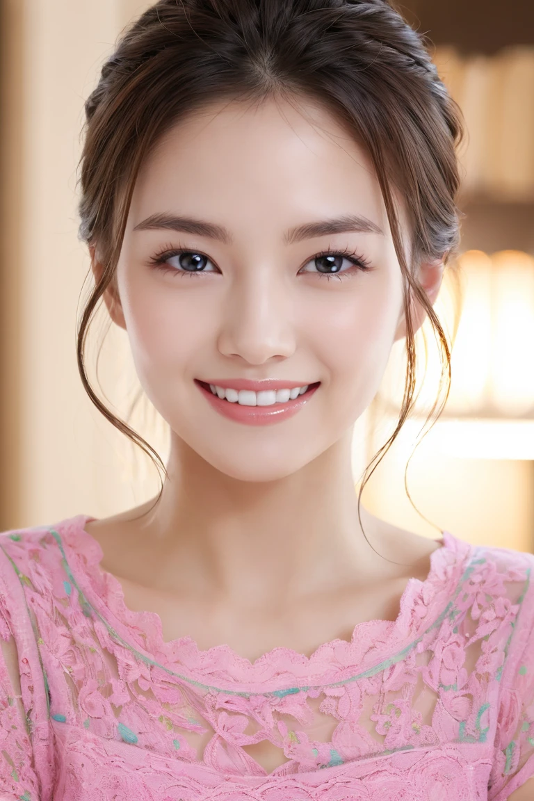 (Highest quality、Tabletop、8k、Best image quality、Award-winning works)、One beautiful person、The most beautiful smile is looking at me、Perfect Makeup、Long eyelashes、Ultra HD Shining Eyes、Ultra HD Hair、Ultra-high resolution glossy lips、Ultra High Resolution Perfect Teeth、Super high resolution beautiful face、(Accurate anatomy:1.1)、(Very bright and beautiful skin:1.2)、(very bright and vivid:1.2)