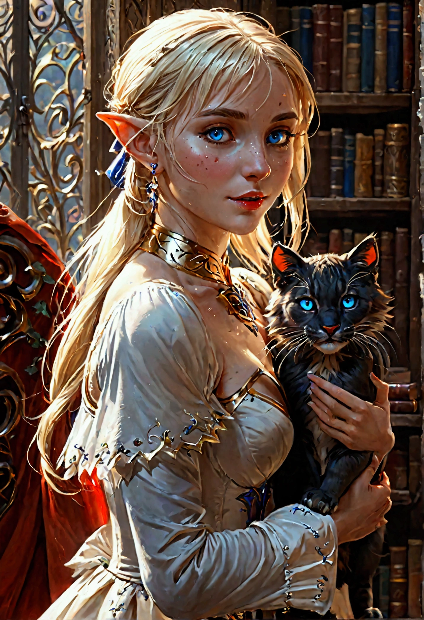 arafed a picture of elf vampire in her castle and her pet epic cat an exquisite beautiful female elf vampire (ultra details, Masterpiece, best quality), bloody mouth blond hair, pale skin, hair in a ponytail, long hair, blue eyes, small pointed ears, cold eyes, smirking, wearing white dress (ultra details, Masterpiece, best quality), red cloak, in dark fantasy library, with an ((big cat: 1.3)) (ultra details, Masterpiece, best quality: 1.5) book shelves, arafed high details, best quality, 16k, [ultra detailed], masterpiece, best quality, (ultra detailed), full body, ultra wide shot, photorealism, RAW, dark fantasy art, gothic art, ArmoredDress, Dark Novel, Dark Art Painting Style, dripping blood