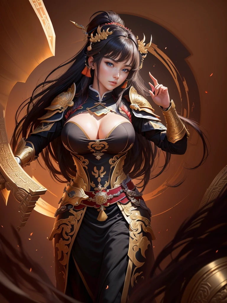 a painting of a woman with an armor, inspired by Li Kan, bian lian, guan yu, inspired by Hu Zaobin, inspired by Huang Ding, inspired by Huang Shen, inspired by Wu Bin, inspired by Li Gonglin, inspired by Zhao Zuo, inspired by Pu Hua, inspired by Cao Zhibai, chinese three kingdoms, Highly detailed CG unit 8k wallpaper, masterpiece, High resolution, highest quality, highest quality real texture skin, Super Real, Digital Painting, Best image quality, 最High resolution, 8k, (((Highly detailed eyes and face, Beautiful eyes every detail))), disproportionate breasts, huge breasts, sagging breasts, gigantic breasts, black hair, 