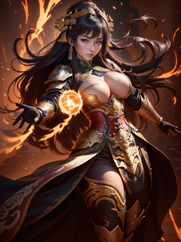 a painting of a woman with an armor, inspired by Li Kan, bian lian, guan yu, inspired by Hu Zaobin, inspired by Huang Ding, inspired by Huang Shen, inspired by Wu Bin, inspired by Li Gonglin, inspired by Zhao Zuo, inspired by Pu Hua, inspired by Cao Zhibai, chinese three kingdoms, Highly detailed CG unit 8k wallpaper, masterpiece, High resolution, highest quality, highest quality real texture skin, Super Real, Digital Painting, Best image quality, 最High resolution, 8k, (((Highly detailed eyes and face, Beautiful eyes every detail))), disproportionate breasts, huge breasts, sagging breasts, gigantic breasts, 