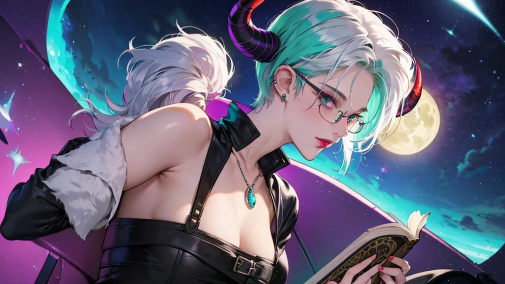 8k, masterpiece, best quality, highly detailed, 1 girl, tiefling, warlock, multicolored hair, very short straight hair green highlight hair on white hair, strippled hair, wearing glasses, round glasses, earrings, navel piercing, miniskirt, red eyeshadow, long eyelashes, blushed cheek, red lips, necklace, rings, collarbone, mole, glamorous, teal clothing, purple clothes, smirk, close up view, rings, looking at viewer, demon horns, solo, nightmarish landscape, blue pale moon, sitting, cosmic horror, decaying, holding books