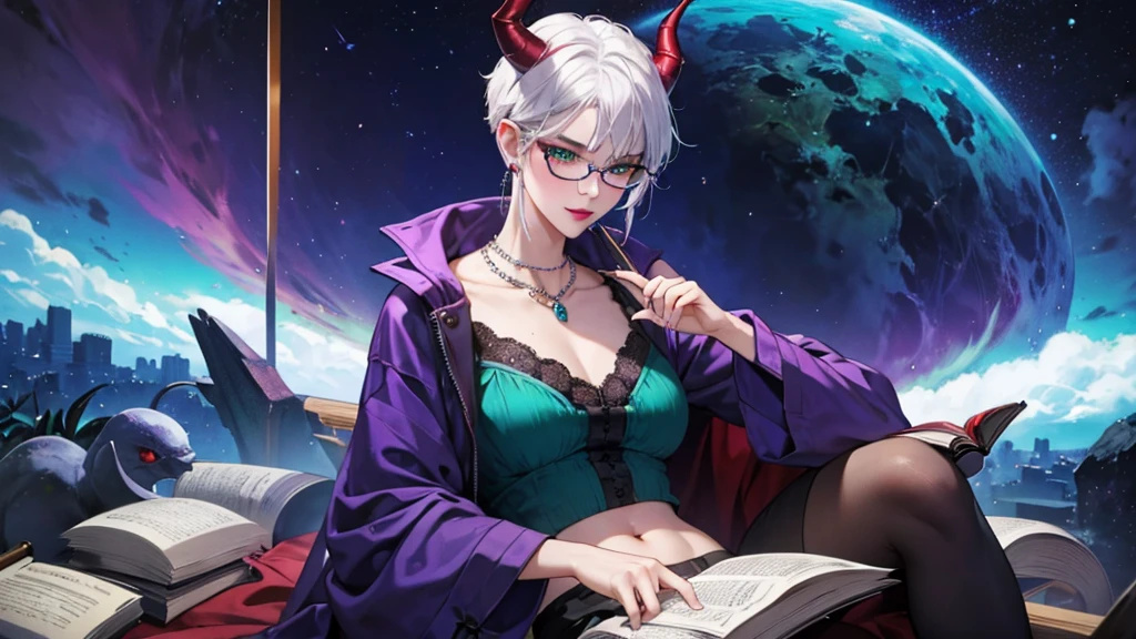 8k, masterpiece, best quality, highly detailed, 1 girl, tiefling, warlock, multicolored hair, very short straight hair green highlight hair on white hair, strippled hair, wearing glasses, round glasses, earrings, navel piercing, miniskirt, red eyeshadow, long eyelashes, blushed cheek, red lips, necklace, rings, collarbone, mole, glamorous, teal clothing, purple clothes, smirk, close up view, rings, looking at viewer, demon horns, solo, nightmarish landscape, blue pale moon, sitting, cosmic horror, decaying, holding books