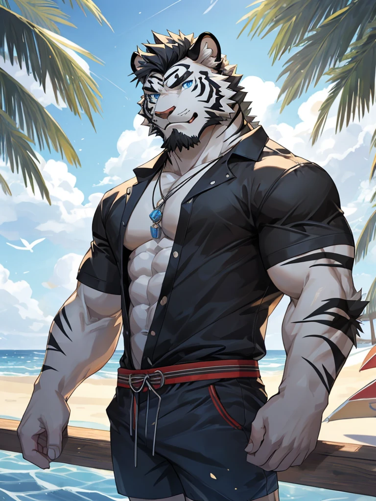 Masterpiece, Solo, Furry Black White Tiger, Blue Eyes, Medium Black Hair, Medium Black Facial Hair, Muscular Body, Cool Pose, Handsome, Good Looking, Adult, Fierce, Smirking mouth open, Summer outfit, summer background.