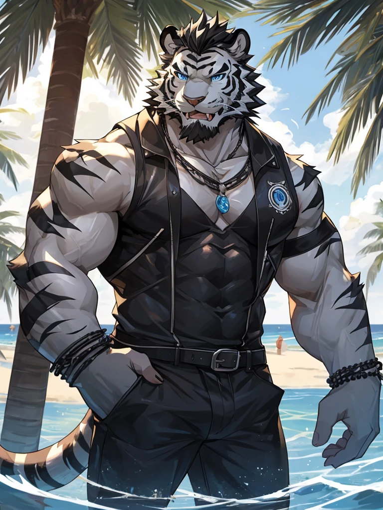 Masterpiece, Solo, Furry Black White Tiger, Blue Eyes, Medium Black Hair, Medium Black Facial Hair, Muscular Body, Cool Pose, Handsome, Good Looking, Adult, Fierce, Smirking mouth open, Summer outfit, summer background.