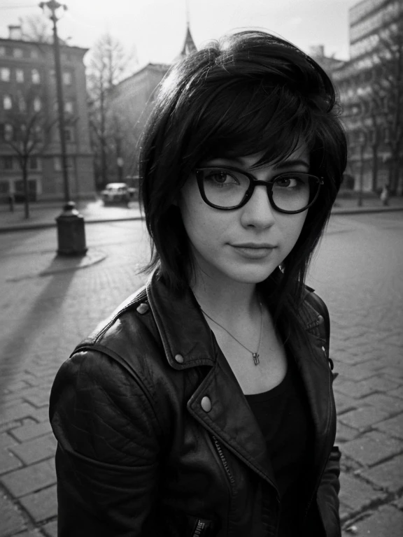 ((Monochrome Photography)), (black and white image), masterpiece, photo paper effect, Film grain, (((raw monochrome photo of a Soviet student in the style of the 80s))), filmed"Svema", Humanity, charming chubby Russian informal student 18 years old with aesthetic soft small natural breasts with beautiful soft pink nipples, round face, round cheeks, round chin, beautiful proportional small wide nose, Realistic expressive dark brown eyes, long eyelashes, Sarcastic Look, glasses with lenses, plump sensual lips, ironic one-sided half-smile, ear piercing, very tousled dark brown tousled short hair, short, tousled, disheveled hair combed into a mohawk(rebellious 80s punk hairstyle), black leather biker jacket, cotton black button-down shirt with collar, (Soviet clothing style of informals of the 80s), Portrait-Medium shot, Outdoors, sunny day, natural natural light, realistic human skin textures, Realistic clothing textures, realistic glasses with distorting lenses, reflections of sunlight on glasses lenses, A great backstory(Leningrad 1985),