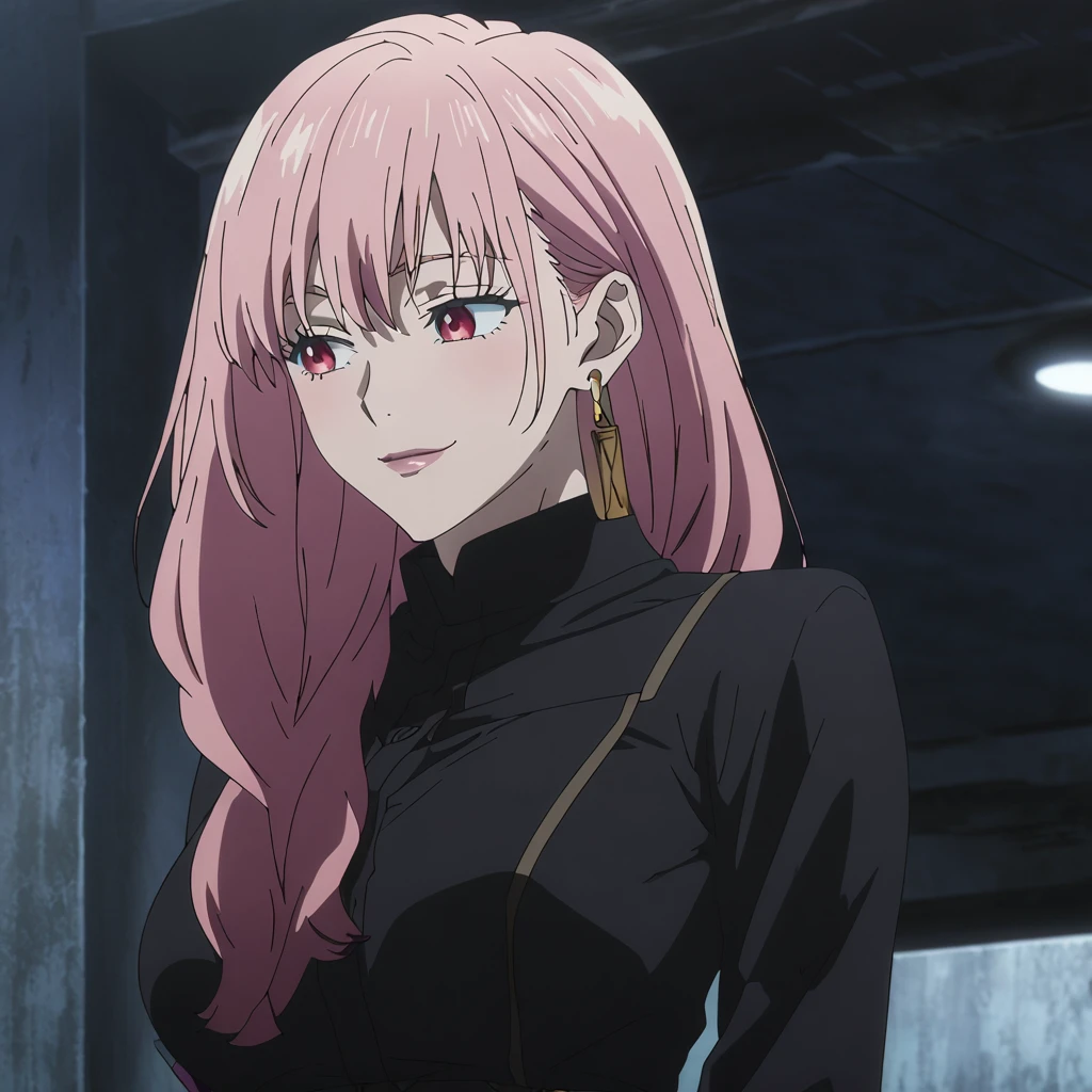 1girl, female gojo satoru, anime screencap from jujutsu kaisen, gojo satoru female version, solo, long_hair, ((Red eyes)) ((Pink_hair, hair over ear from one side))((slicked hair)) , night view, (hanging breasts) upper_body, smile, indoors, lips, (long hair) ((wearing black colour outfit, glossy)) breast, "very detailed and high resolution" (Red eyes) ((solo)) (((front view))) (earings) ((high resolution)) ((good quality)) ((silky hair, hair over ear from one side))((hair slicked)) ((shy))